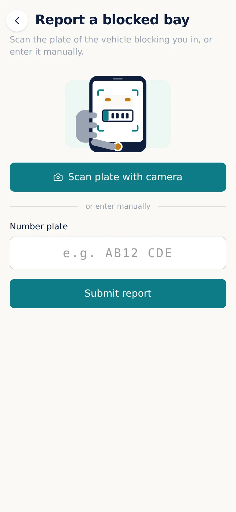 The Parkntel screen for reporting a blocked bay by scanning a number plate