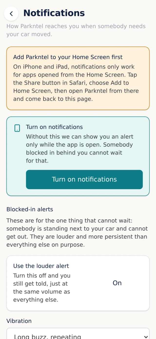 The Parkntel notification settings screen, showing vibration and loudness controls