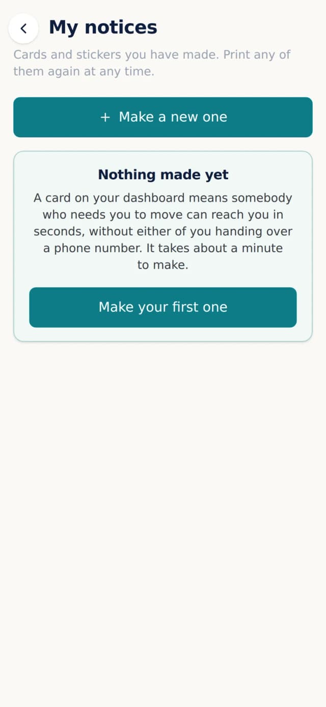 The Parkntel notices screen, where a driver makes a printable card